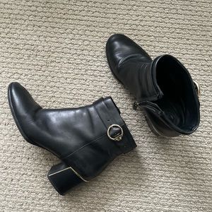 Black Tory Burch Booties with Block Heel and Gold Detailing - size 9